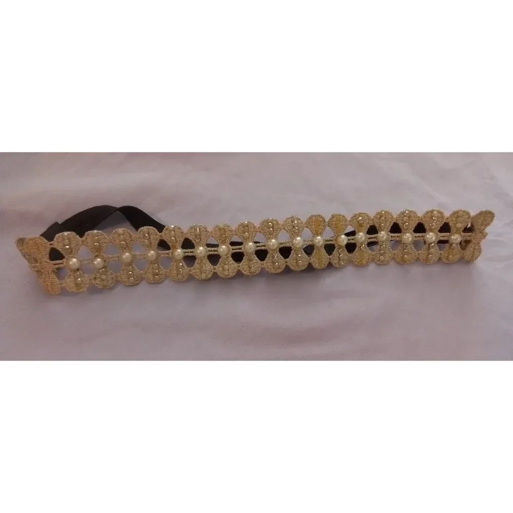 Elastic Gold Tone Lace Headband With Faux Pearls For Women
